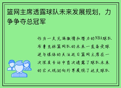篮网主席透露球队未来发展规划，力争争夺总冠军